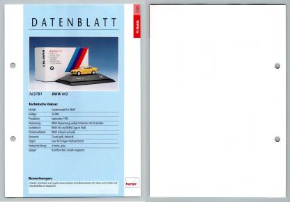 BMW M3 #39 PC-Modelle - Herpa Data Sheet-Breakoutcards
