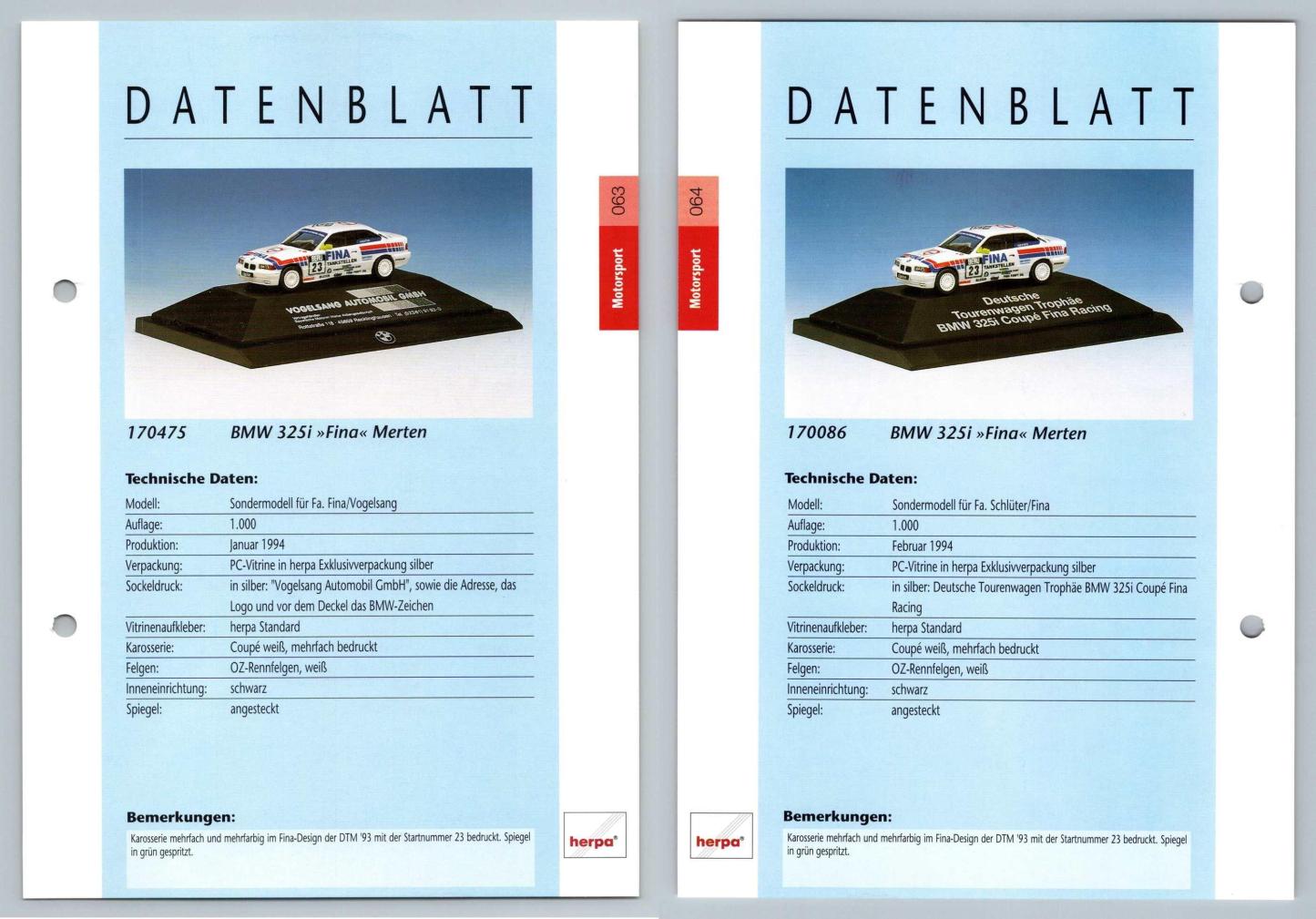 BMW 325i Fina #63/64 Motorsport - Herpa Data Sheet-Breakoutcards