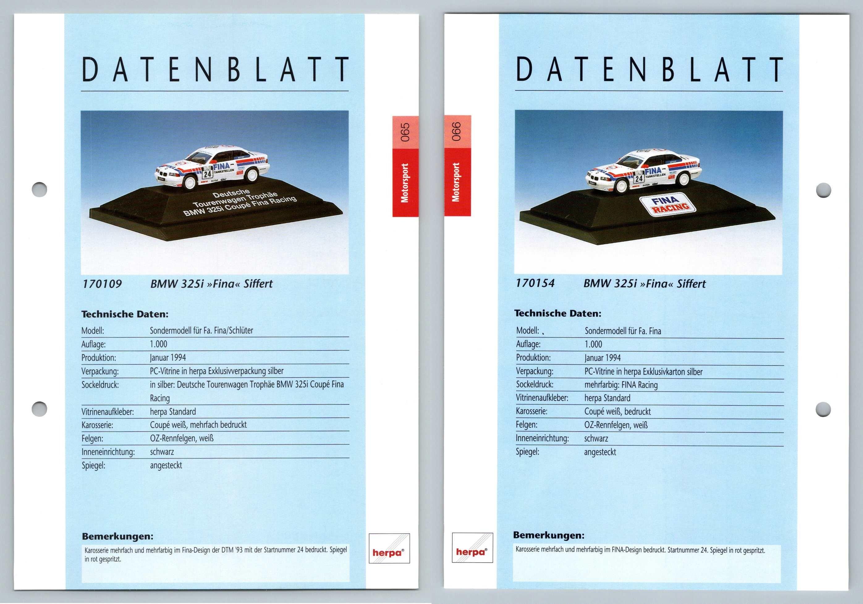 BMW 325i Fina #65/66 Motorsport - Herpa Data Sheet-Breakoutcards