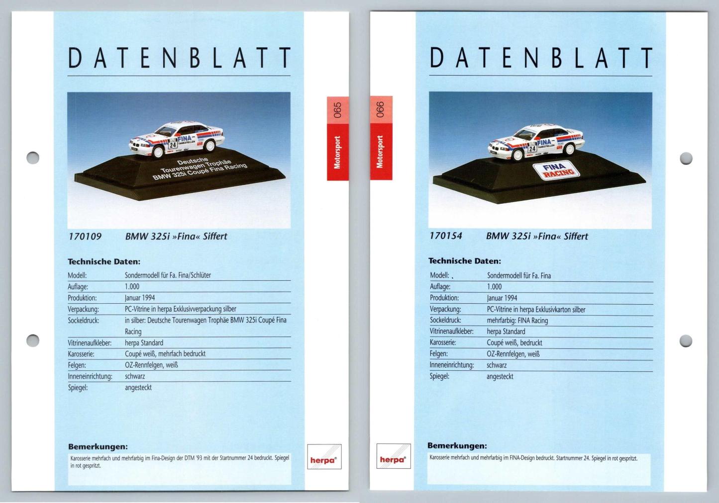 BMW 325i Fina #65/66 Motorsport - Herpa Data Sheet-Breakoutcards