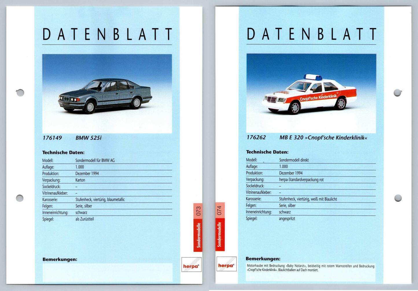 BMW 525i / MB E 320 #73/74 Sondermodelle - Herpa Data Sheet-Breakoutcards