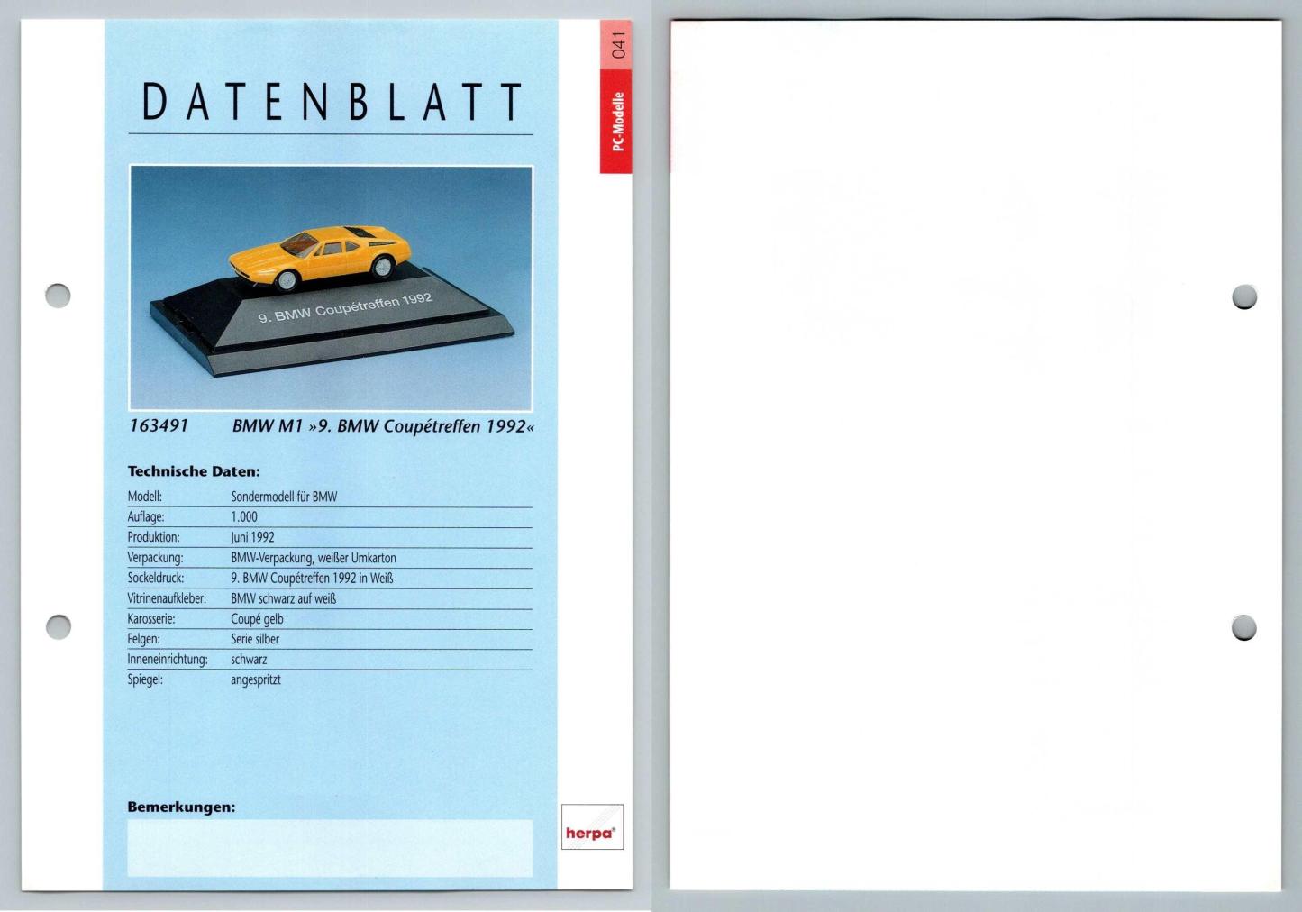 BMW M1 - Coupetreffen #41 PC-Modelle - Herpa Data Sheet-Breakoutcards