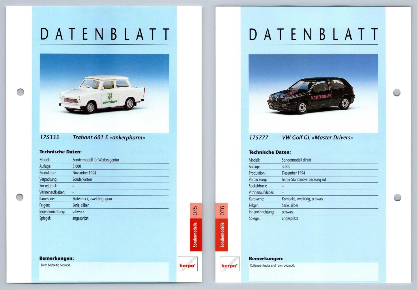 Trabant 601 S / VW Golf GL #75/76 Sondermodelle - Herpa Data Sheet-Breakoutcards