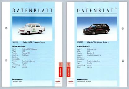 Trabant 601 S / VW Golf GL #75/76 Sondermodelle - Herpa Data Sheet-Breakoutcards
