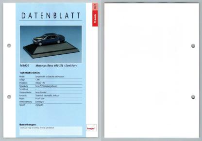 Mercedes Benz 600 SEL #42 PC-Modelle - Herpa Data Sheet-Breakoutcards
