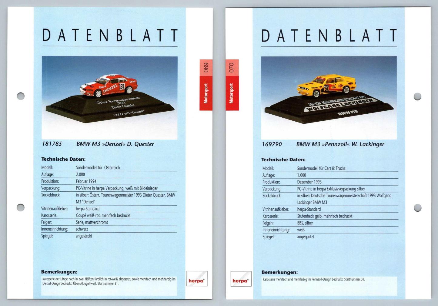 BMW M3 Denzel / Pennzoil #69/70 Motorsport - Herpa Data Sheet-Breakoutcards