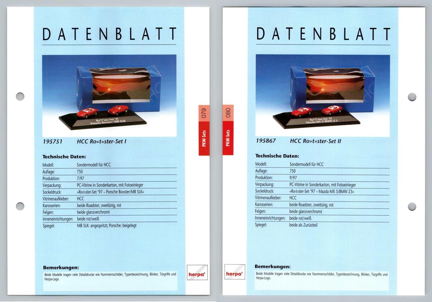 Ro"t"ster Set / Set II #79/80 PKW - Herpa Data Sheet-Breakoutcards