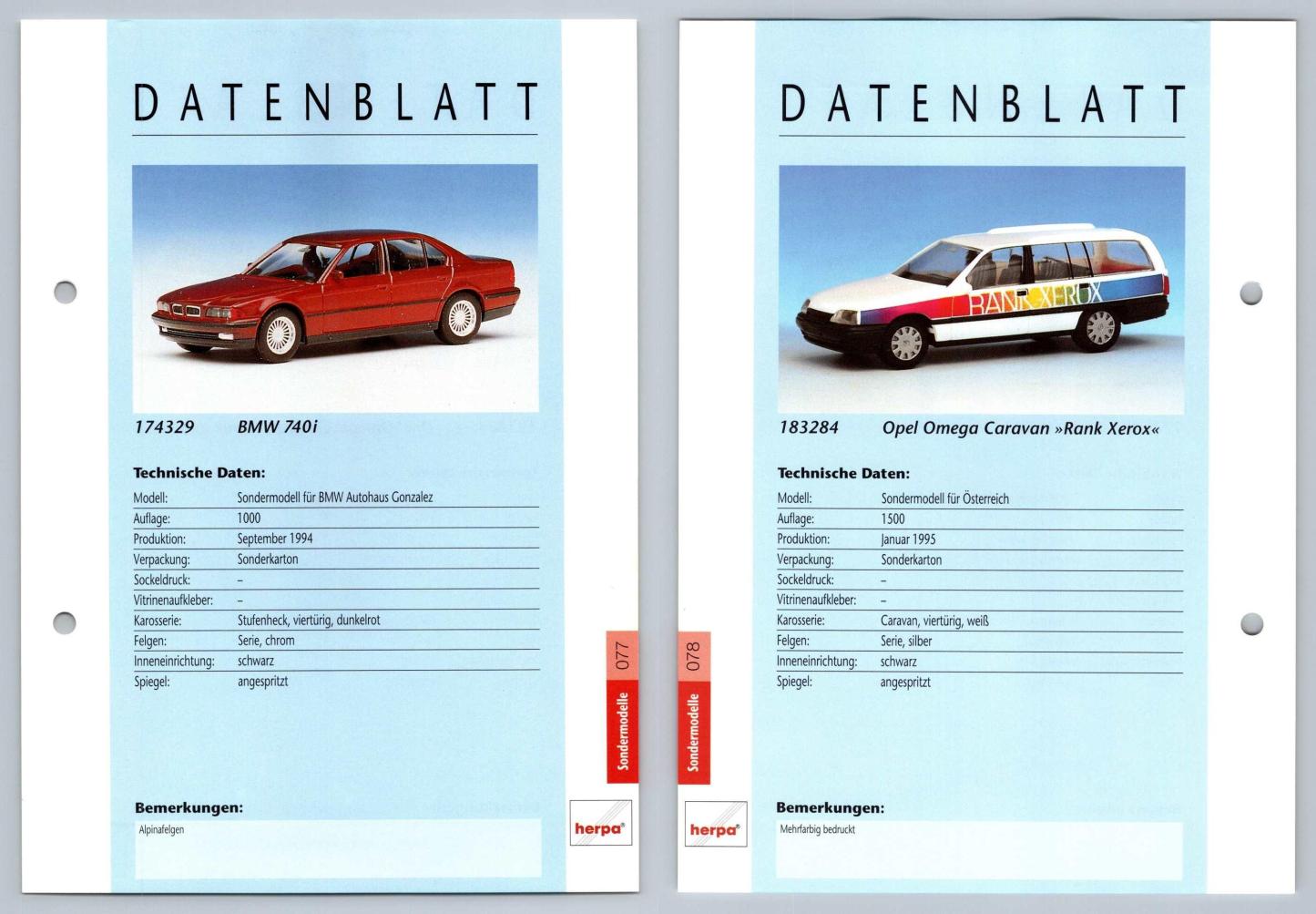BMW 740i / Opel Omega Caravan #77/78 Sondermodelle - Herpa Data Sheet-Breakoutcards