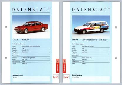 BMW 740i / Opel Omega Caravan #77/78 Sondermodelle - Herpa Data Sheet-Breakoutcards