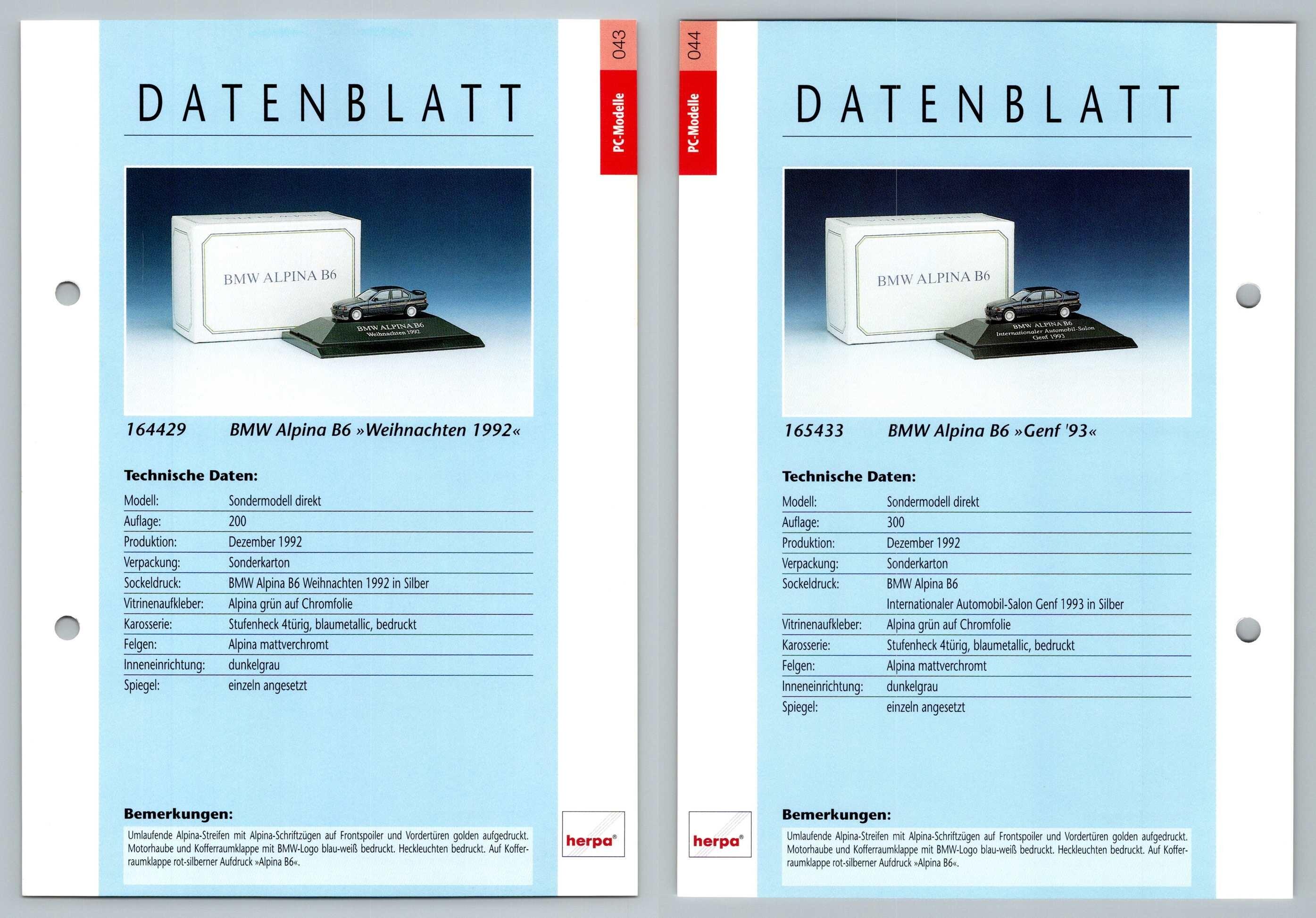 BMW Alpina B6 #43/44 PC-Modelle - Herpa Data Sheet-Breakoutcards