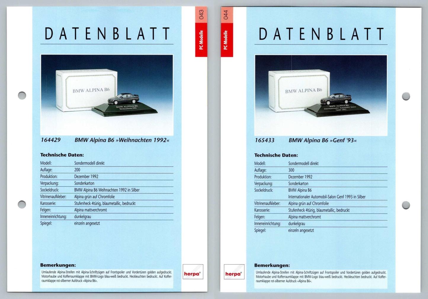 BMW Alpina B6 #43/44 PC-Modelle - Herpa Data Sheet-Breakoutcards