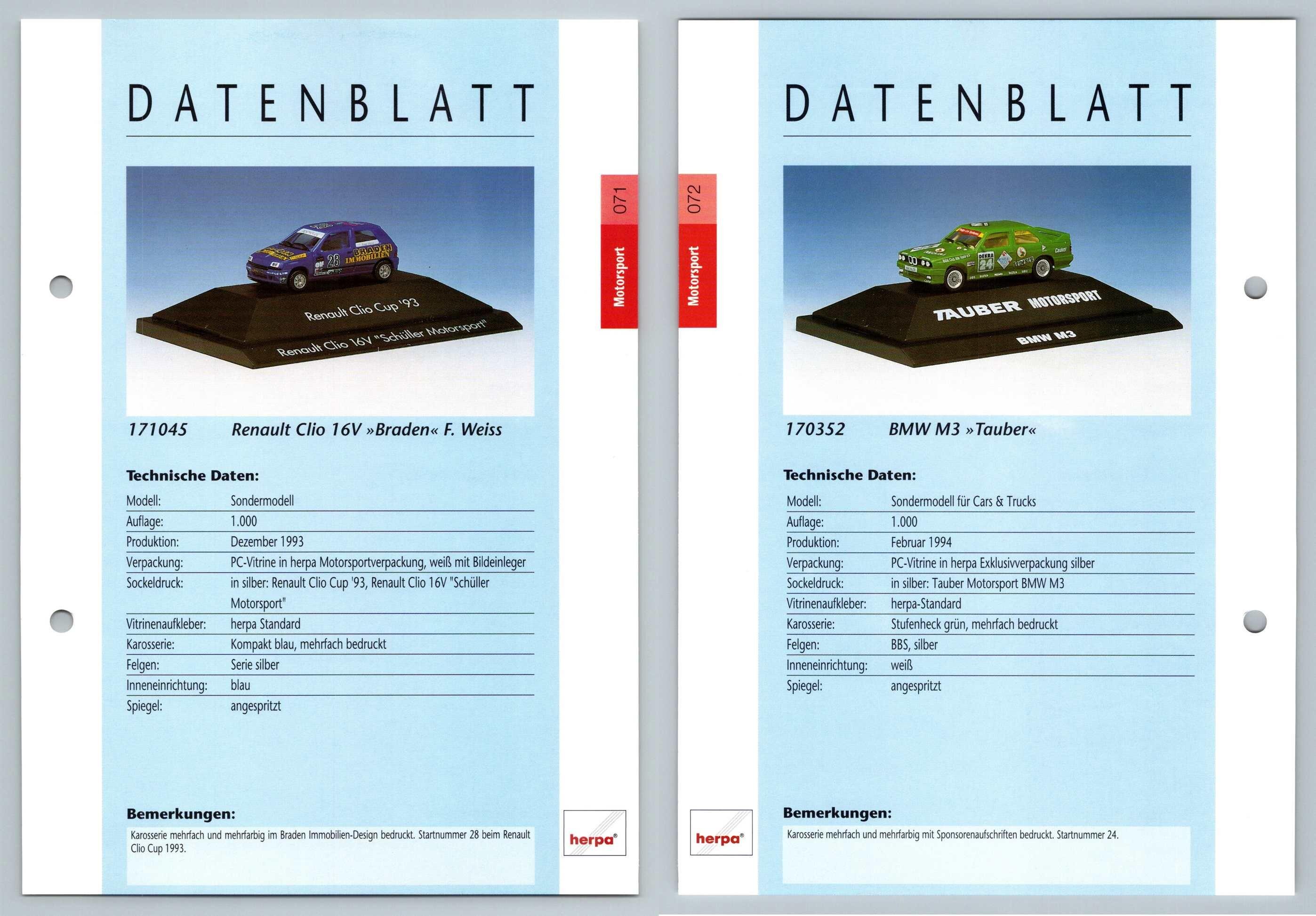 Renault Clio 16V / BMW M3 #71/72 Motorsport - Herpa Data Sheet-Breakoutcards