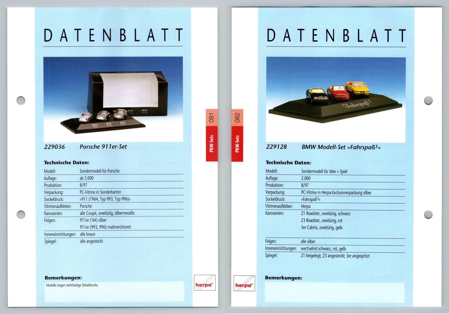 Porsche 911er Set / BMW Fahrspab3 #81/82 PKW - Herpa Data Sheet-Breakoutcards