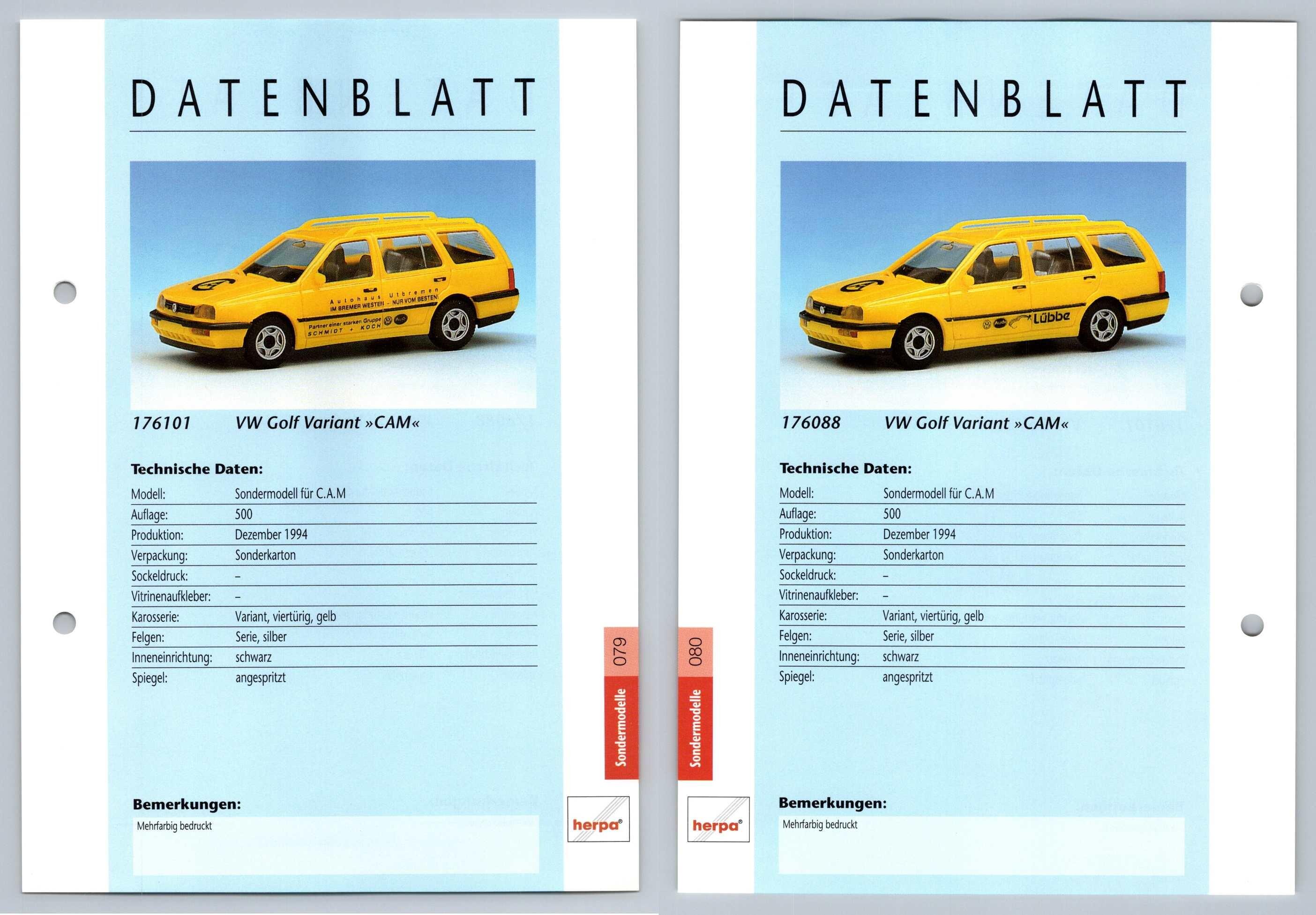 VW Golf CAM #79/80 Sondermodelle - Herpa Data Sheet-Breakoutcards