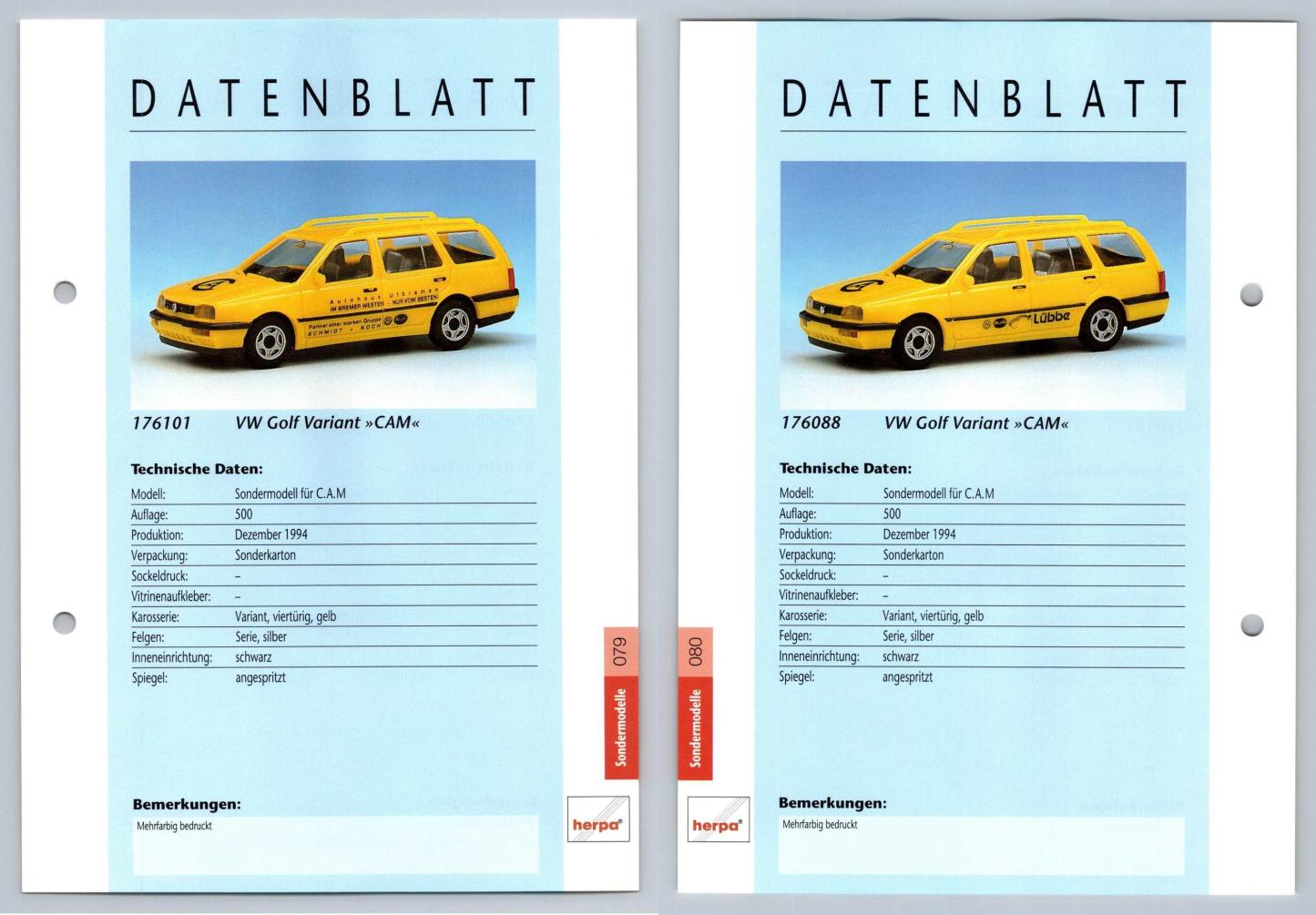 VW Golf CAM #79/80 Sondermodelle - Herpa Data Sheet-Breakoutcards