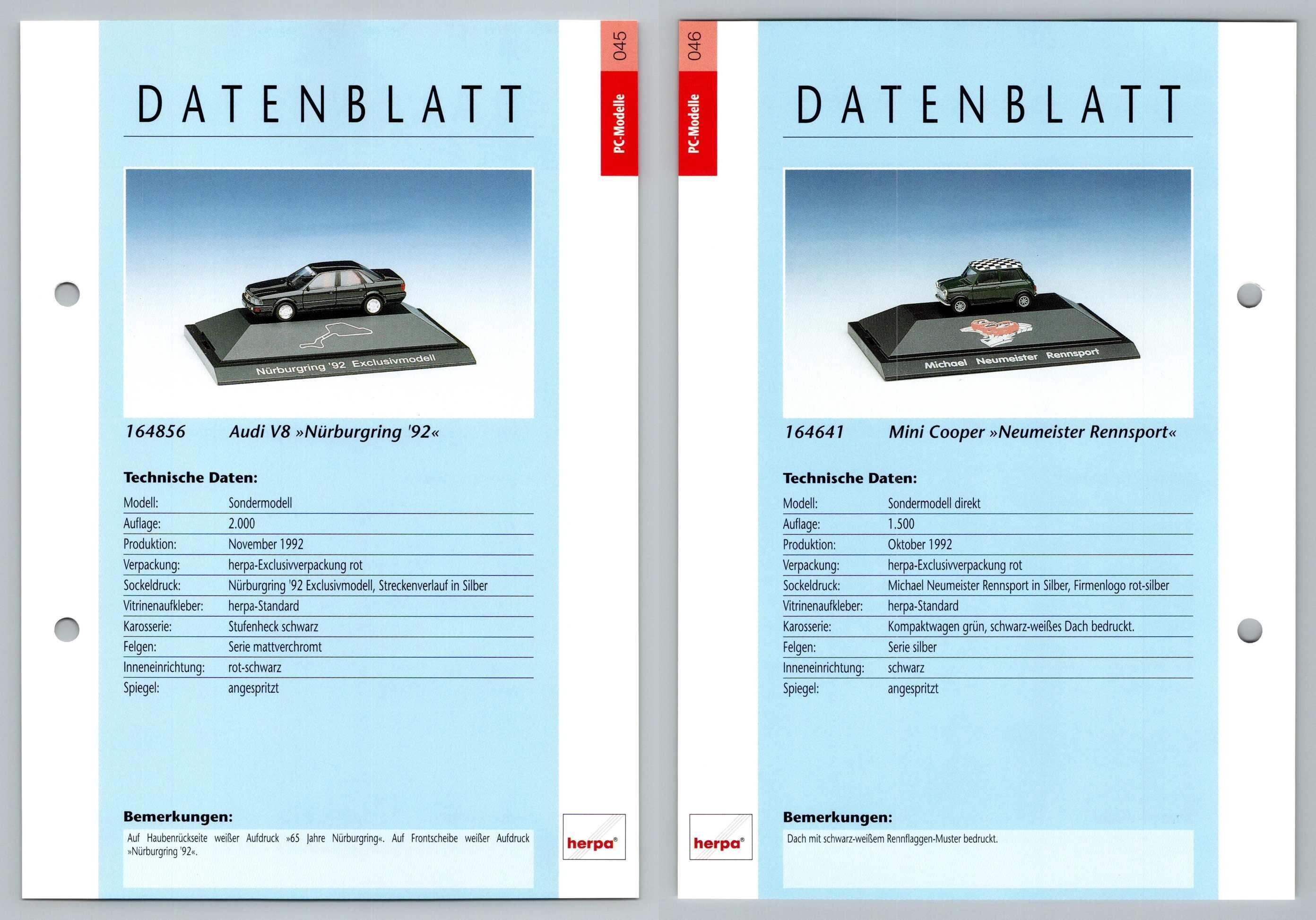 Audi V8 / Mini Cooper #45/46 PC-Modelle - Herpa Data Sheet-Breakoutcards
