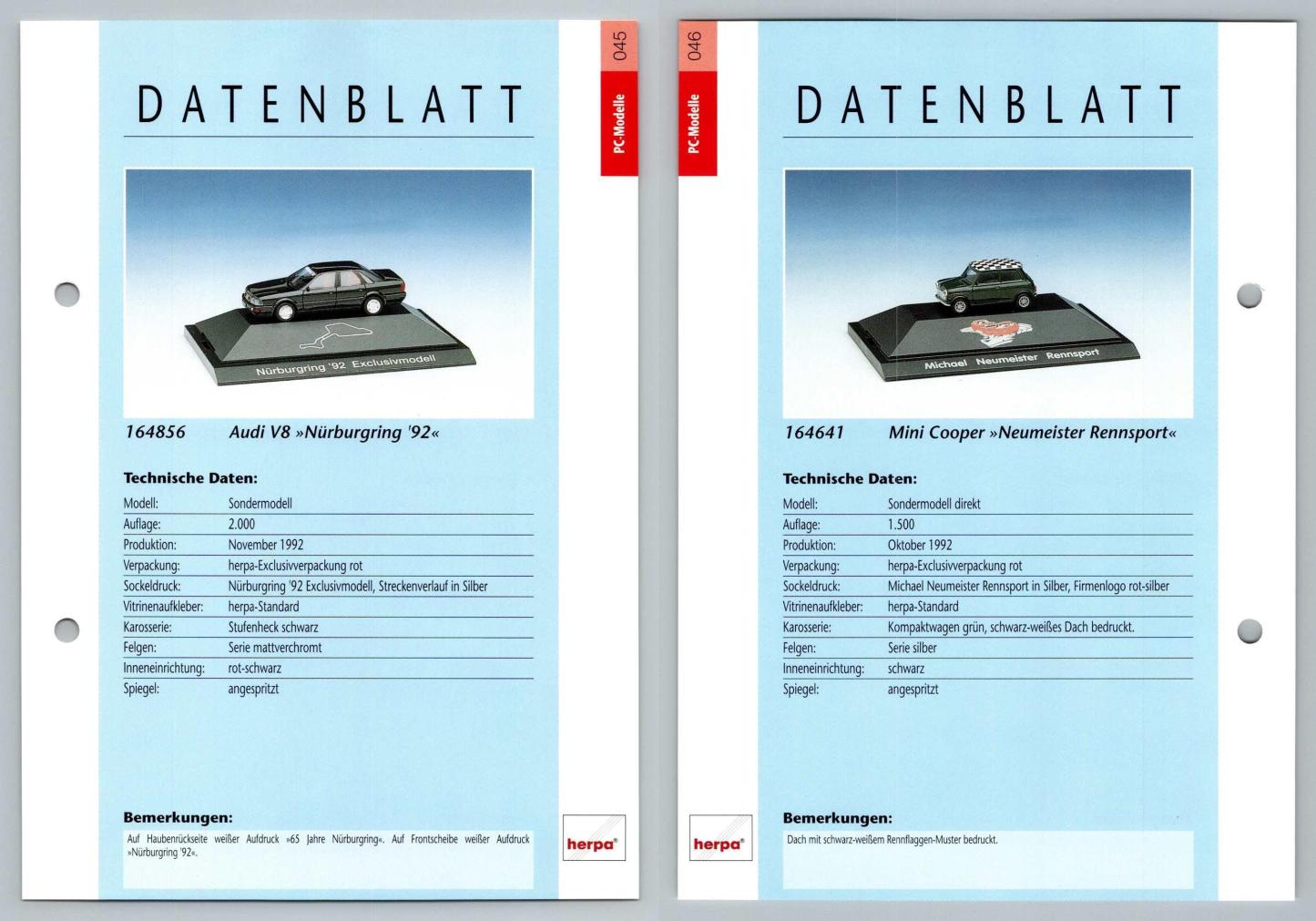 Audi V8 / Mini Cooper #45/46 PC-Modelle - Herpa Data Sheet-Breakoutcards