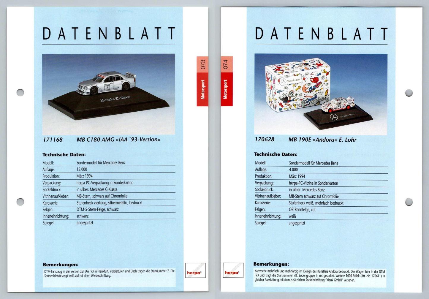 Mercedes Benz C180 AMG / 190E #73/74 Motorsport - Herpa Data Sheet-Breakoutcards
