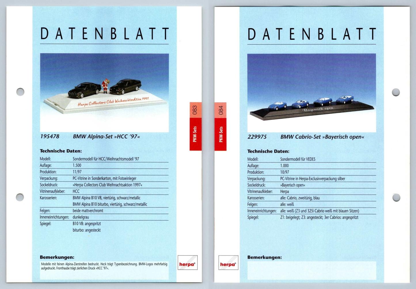 BMW Alpina Set / BMW Cabrio Set #83/84 PKW - Herpa Data Sheet-Breakoutcards