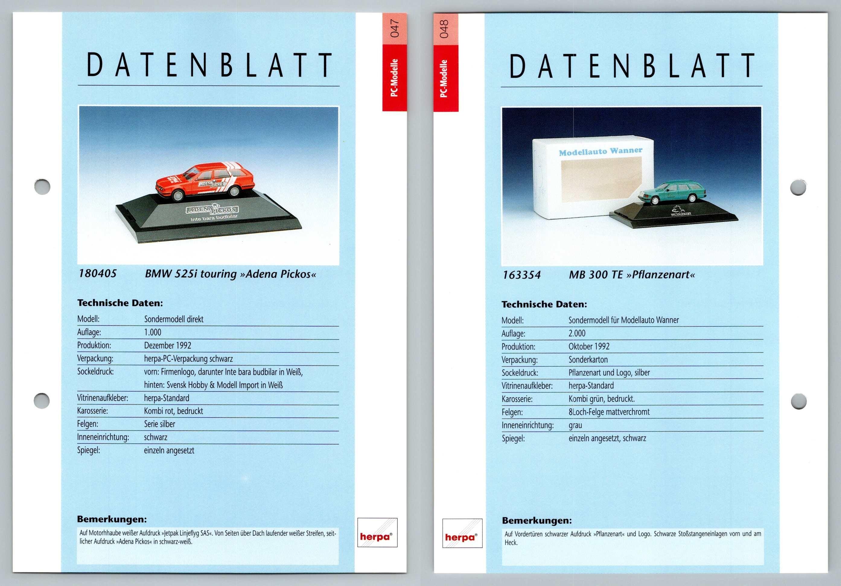 BMW 525i Touring / Mercedes Benz 300 TE #47/48 PC-Modelle - Herpa Data Sheet-Breakoutcards