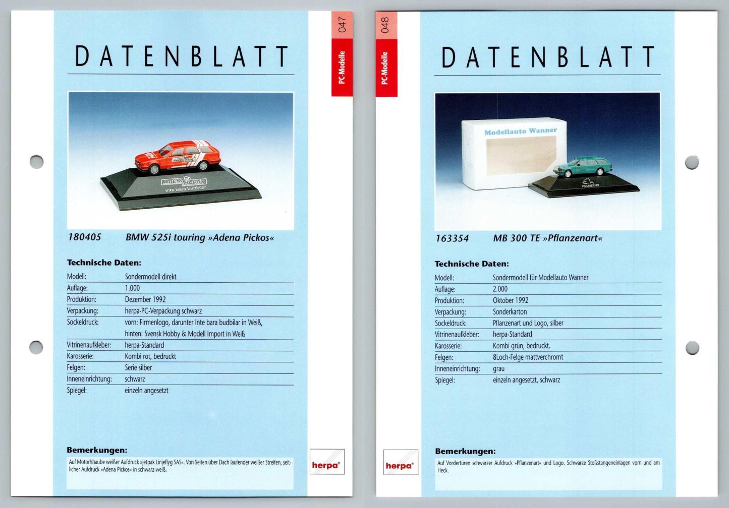 BMW 525i Touring / Mercedes Benz 300 TE #47/48 PC-Modelle - Herpa Data Sheet-Breakoutcards