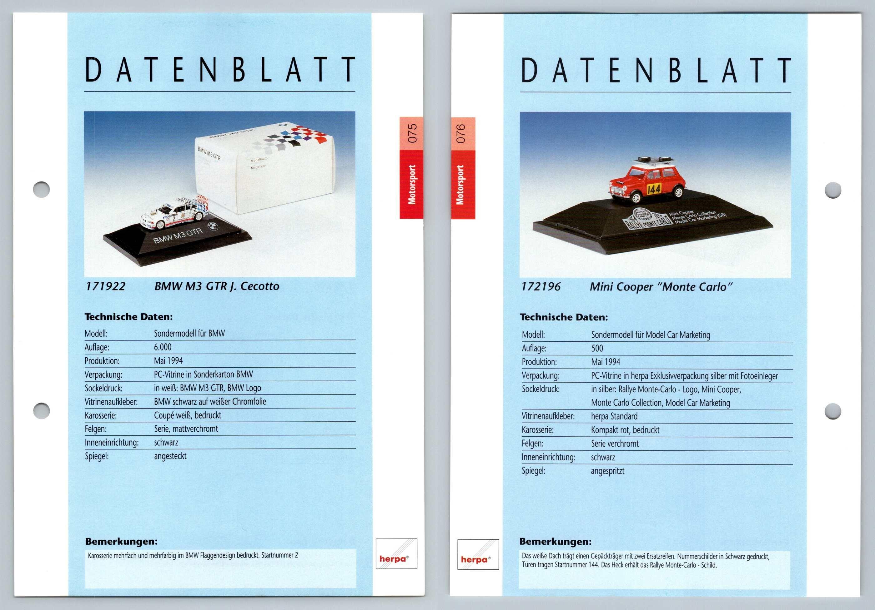 BMW M3 GTR / Mini Cooper #75/76 Motorsport - Herpa Data Sheet-Breakoutcards