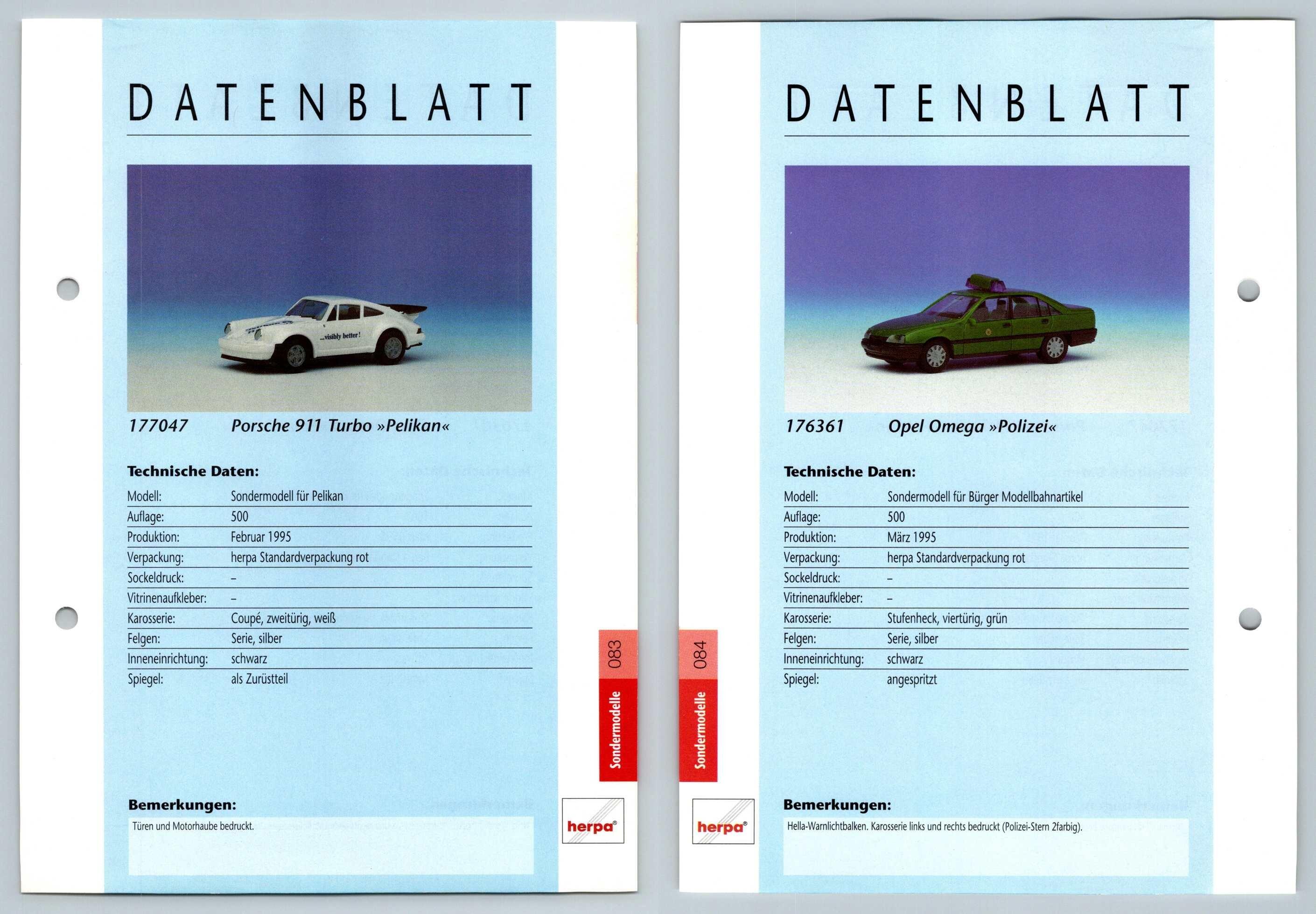 Porsche 911 Turbo / Opel Omega #83/84 Sondermodelle - Herpa Data Sheet-Breakoutcards