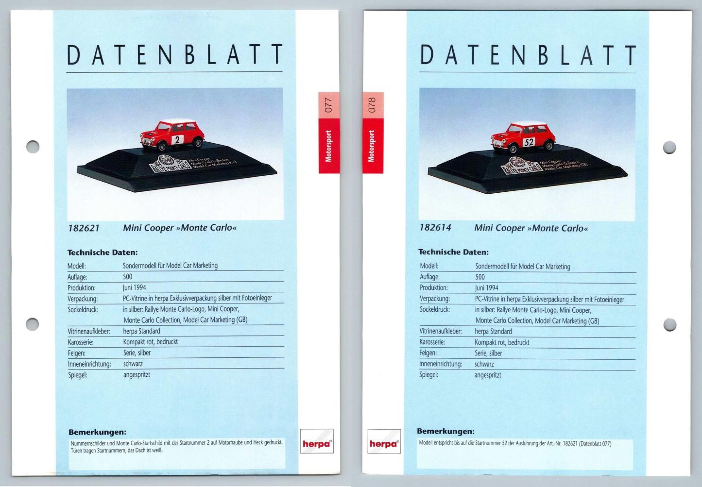 Mini Cooper Monte Carlo #77/78 Motorsport - Herpa Data Sheet-Breakoutcards