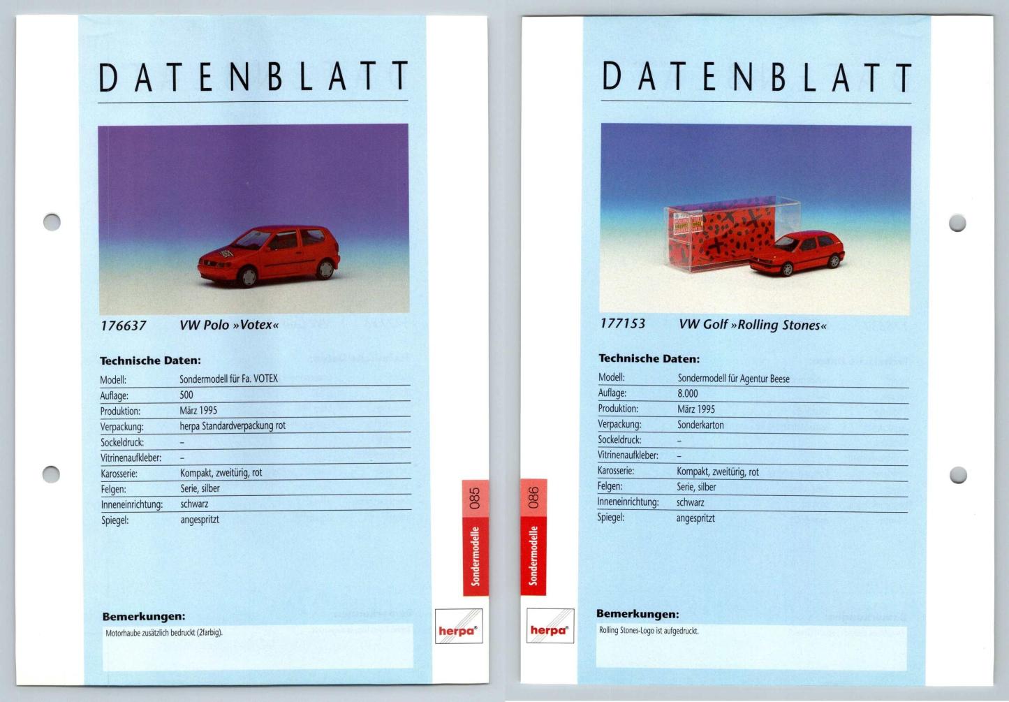 VW Polo / VW Golf #85/86 Sondermodelle - Herpa Data Sheet-Breakoutcards