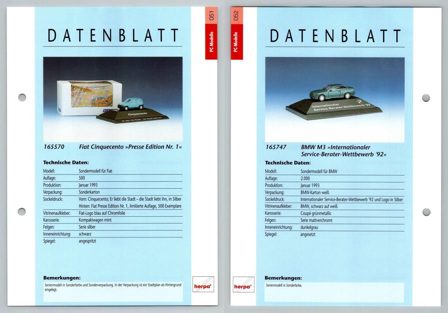 Fiat Cinquecento / BMW M3 #51/52 PC-Modelle - Herpa Data Sheet-Breakoutcards