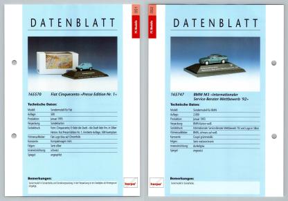 Fiat Cinquecento / BMW M3 #51/52 PC-Modelle - Herpa Data Sheet-Breakoutcards