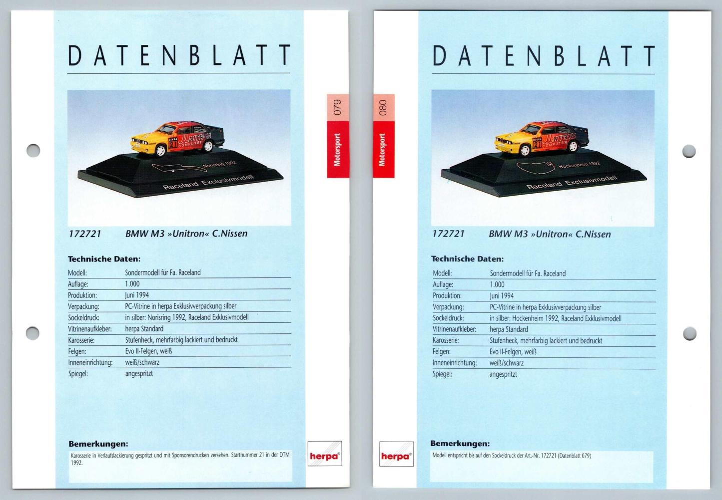 BMW M3 Unitron #79/80 Motorsport - Herpa Data Sheet-Breakoutcards