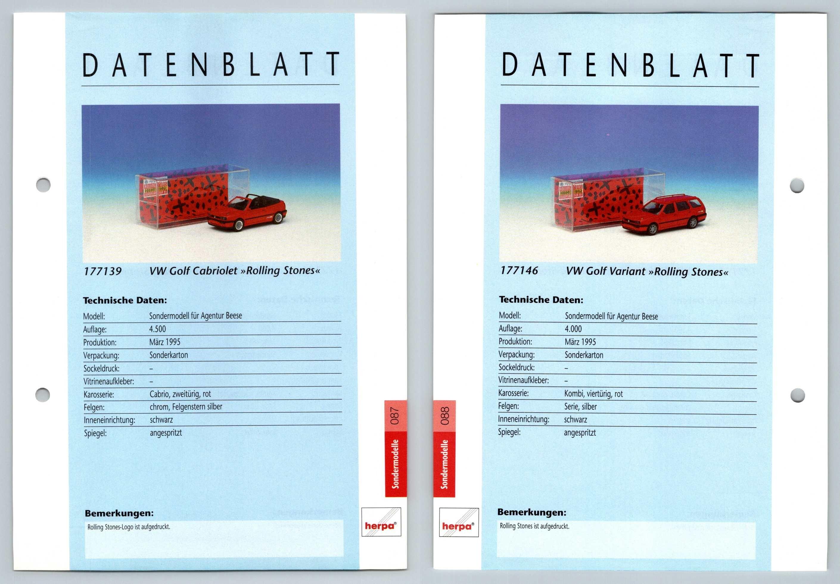 VW Golf Cabriolet / Golf #87/88 Sondermodelle - Herpa Data Sheet-Breakoutcards
