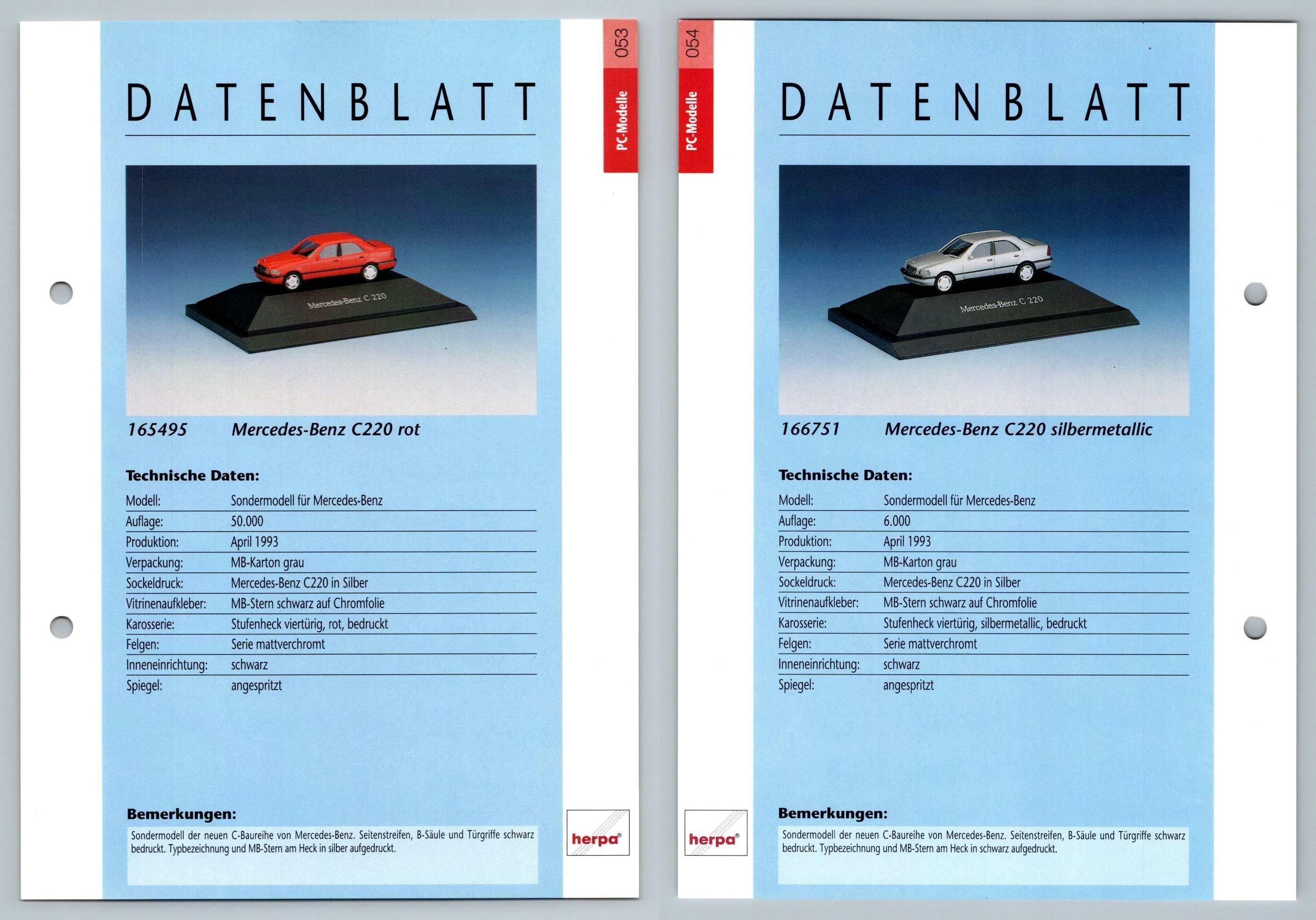 Mercedes Benz C220 / Silbermetallic #53/54 PC-Modelle - Herpa Data Sheet-Breakoutcards