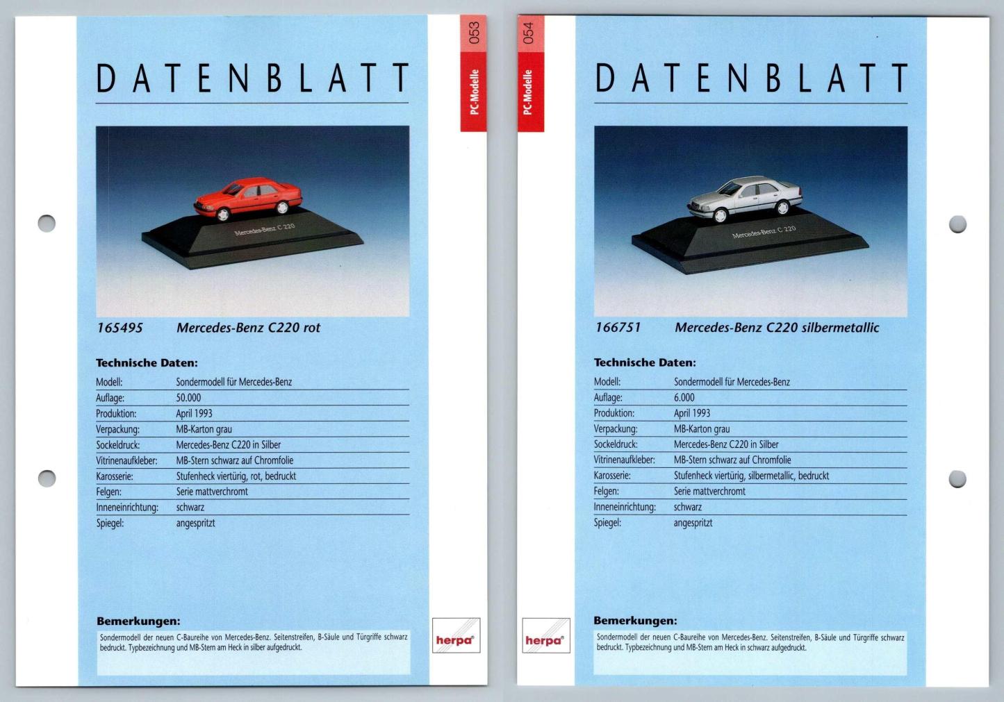 Mercedes Benz C220 / Silbermetallic #53/54 PC-Modelle - Herpa Data Sheet-Breakoutcards