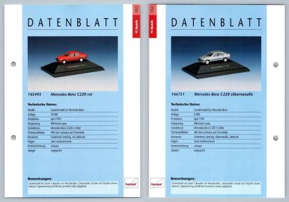 Mercedes Benz C220 / Silbermetallic #53/54 PC-Modelle - Herpa Data Sheet-Breakoutcards