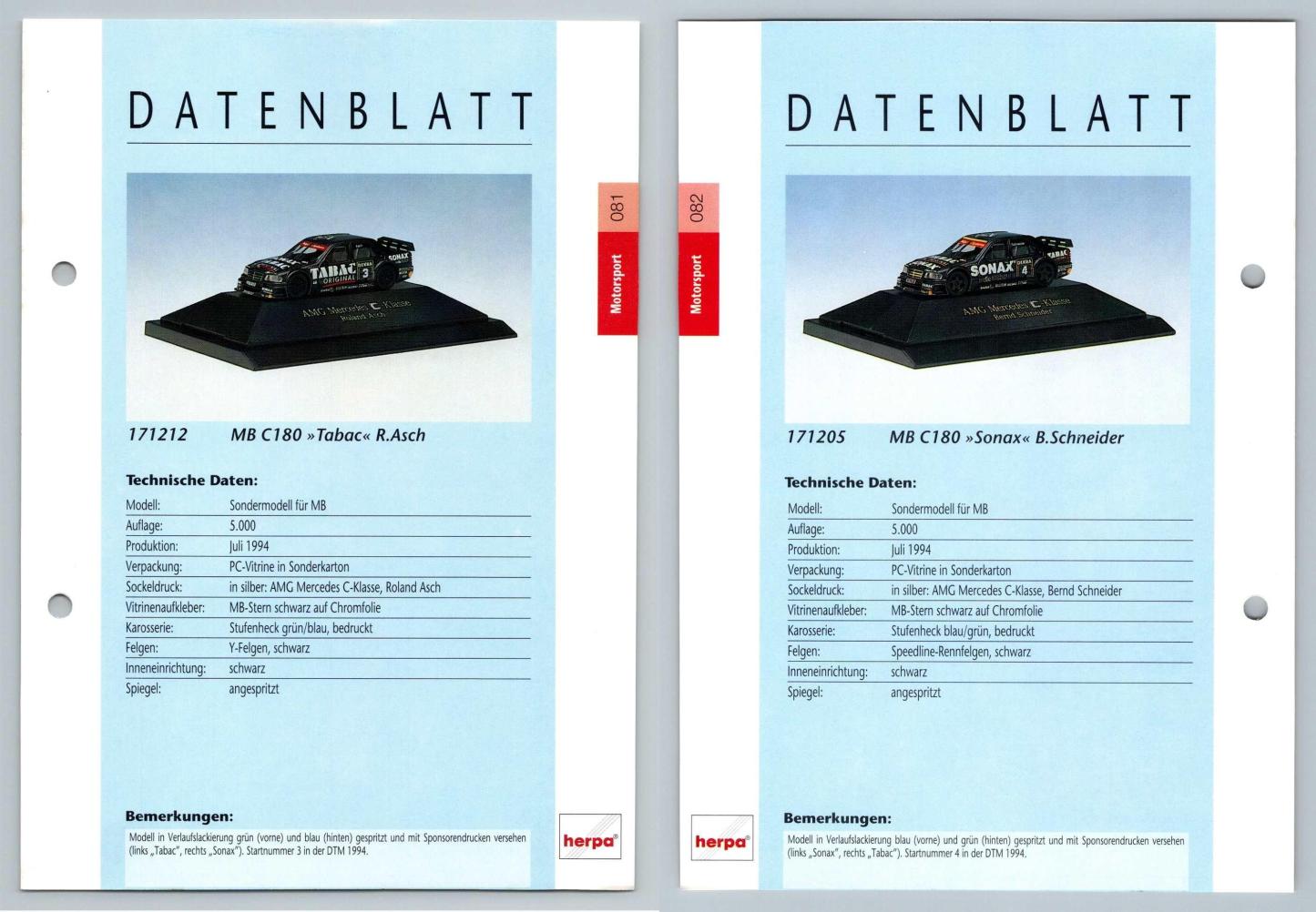 Mercedes Benz C180 Sonax / Tobac #81/82 Motorsport - Herpa Data Sheet-Breakoutcards