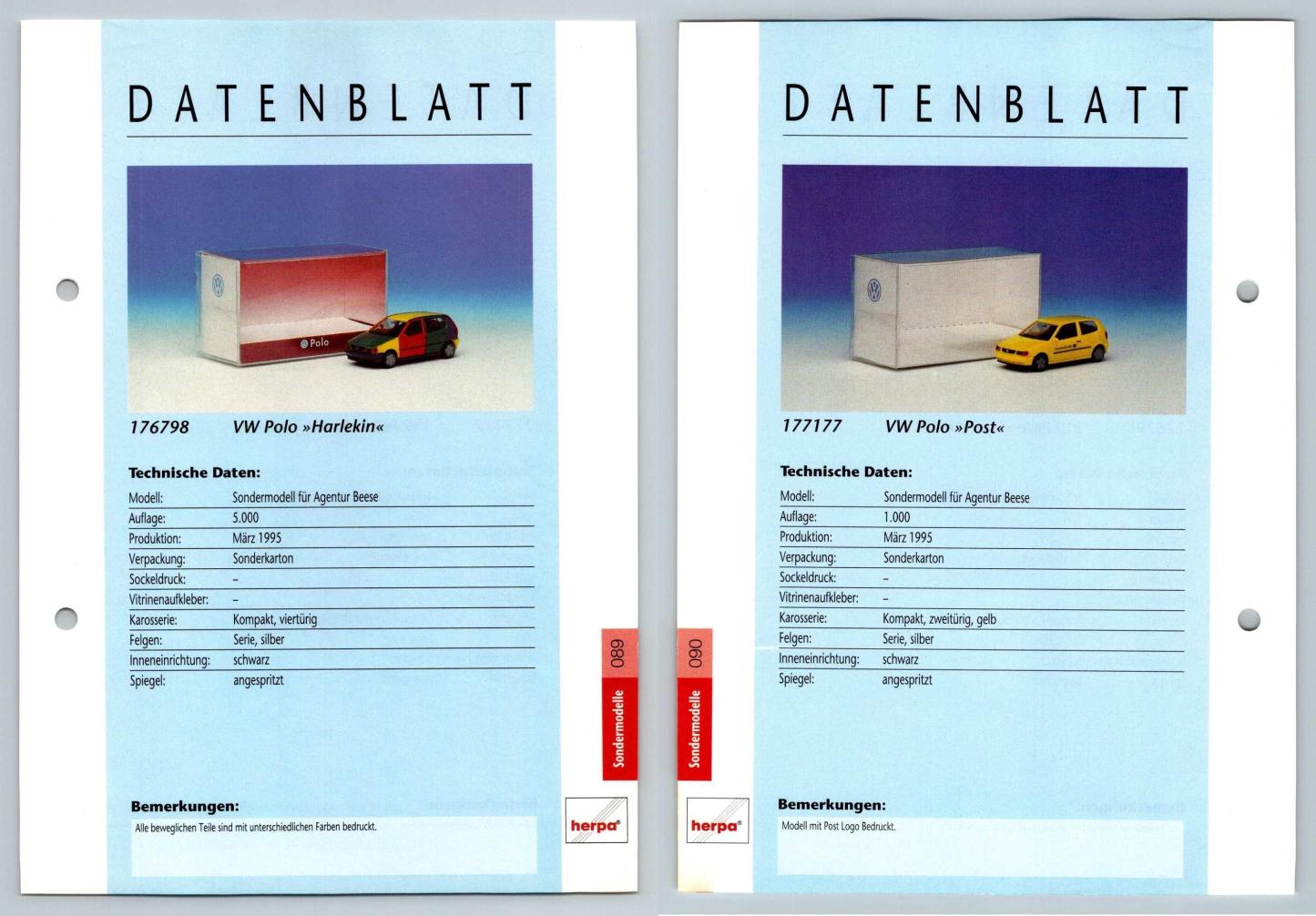 VW Polo / VW Polo Post #89/90 Sondermodelle - Herpa Data Sheet-Breakoutcards