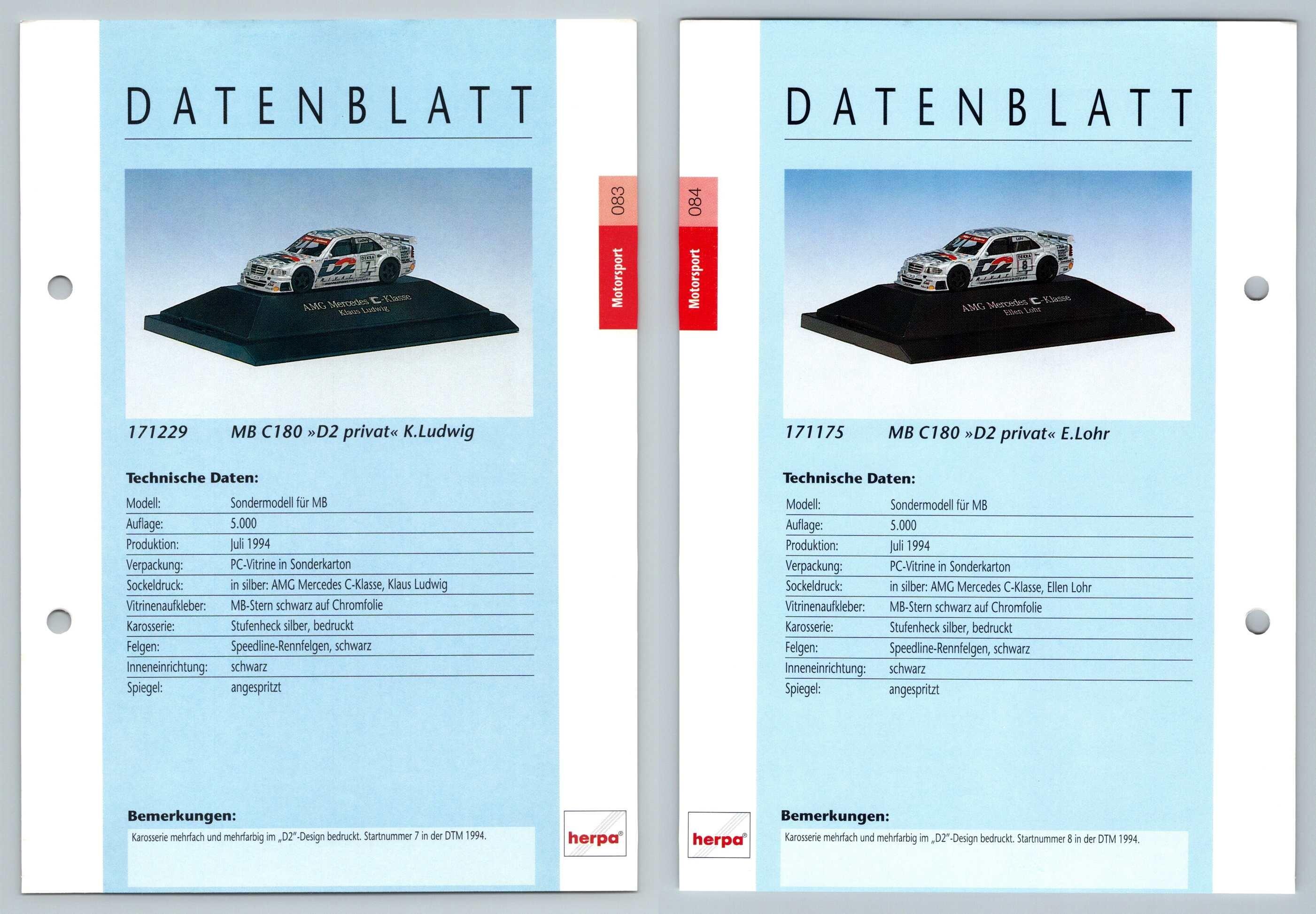Mercedes Benz C180 D2 Privat #83/84 Motorsport - Herpa Data Sheet-Breakoutcards