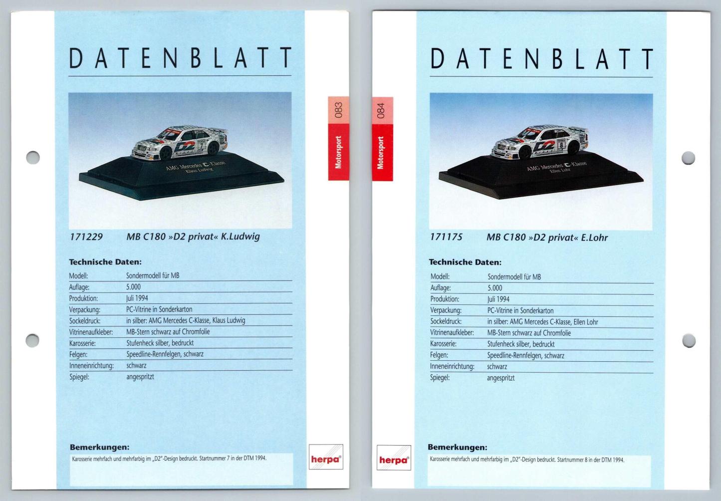 Mercedes Benz C180 D2 Privat #83/84 Motorsport - Herpa Data Sheet-Breakoutcards