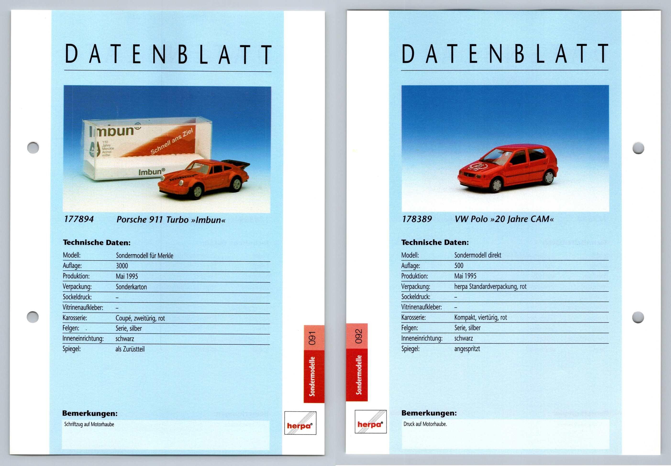 Porsche 911 Turbo / VW Polo #91/92 Sondermodelle - Herpa Data Sheet-Breakoutcards