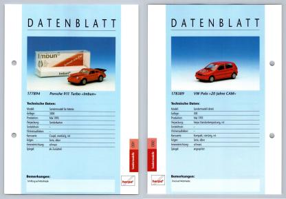 Porsche 911 Turbo / VW Polo #91/92 Sondermodelle - Herpa Data Sheet-Breakoutcards