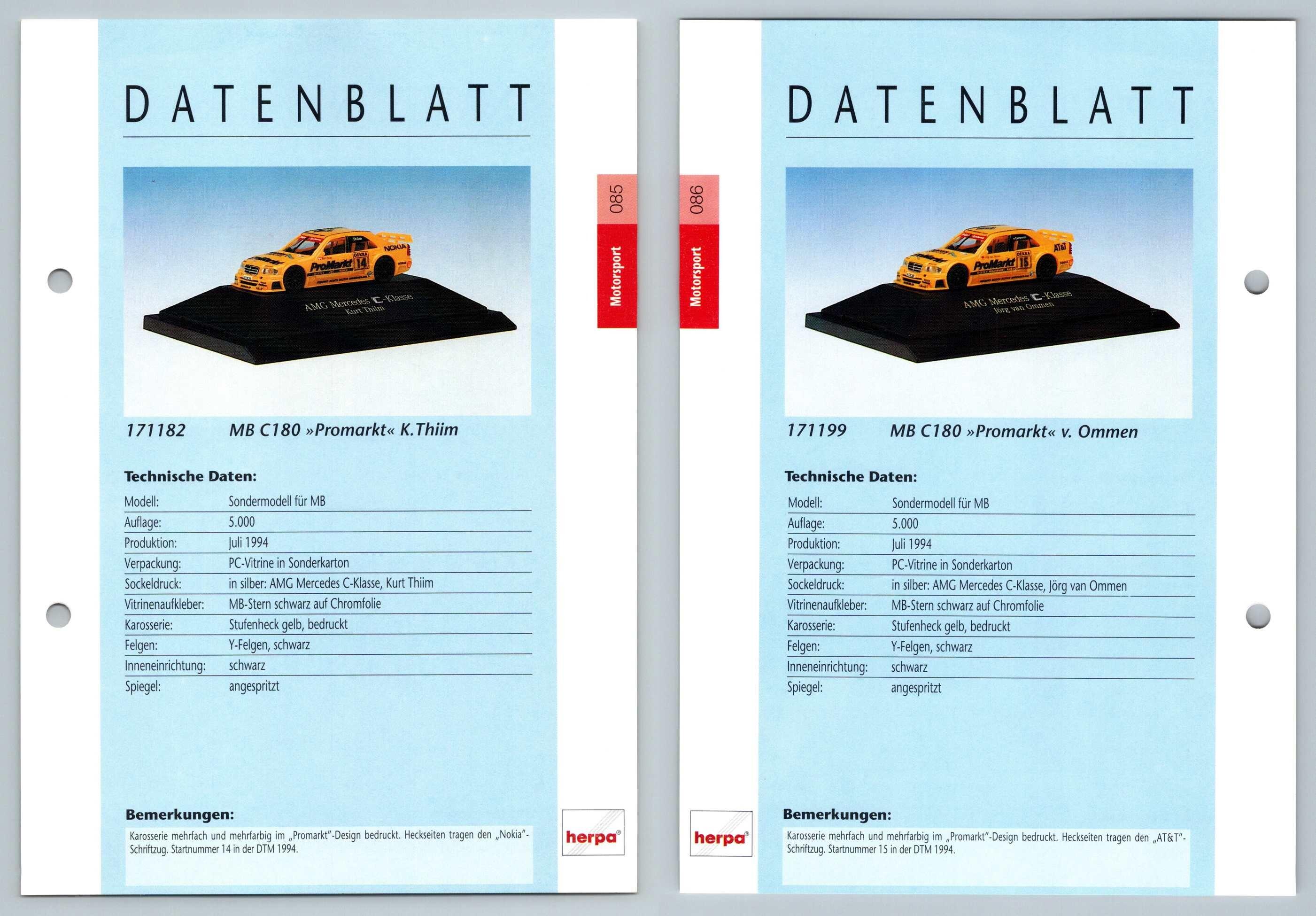 Mercedes Benz C180 Promarkt #85/86 Motorsport - Herpa Data Sheet-Breakoutcards