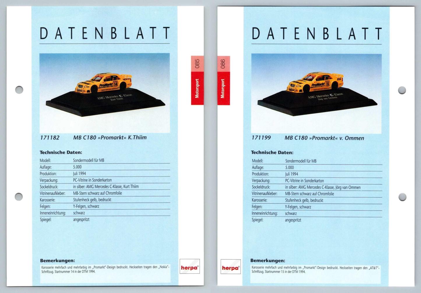 Mercedes Benz C180 Promarkt #85/86 Motorsport - Herpa Data Sheet-Breakoutcards