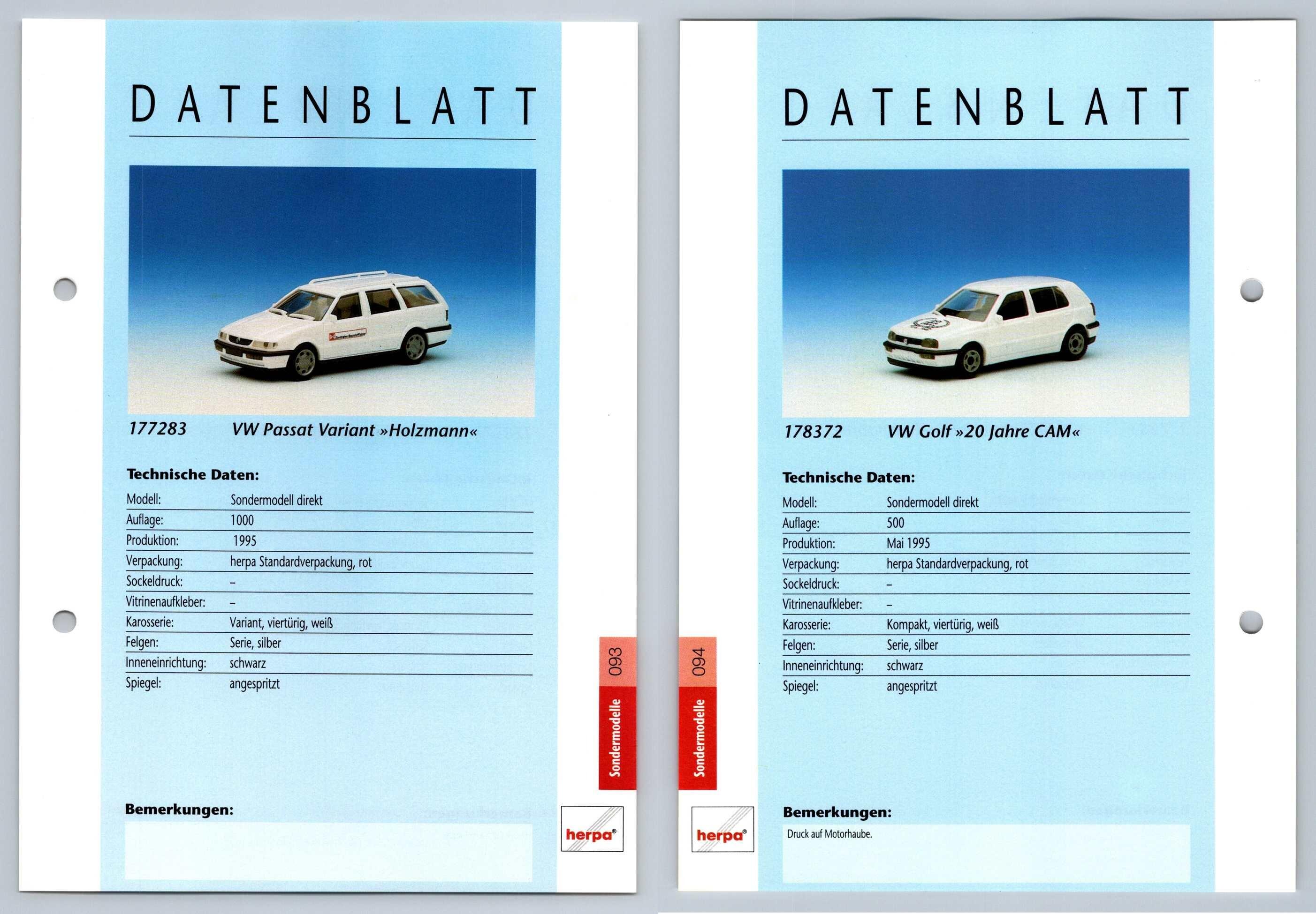 VW Passat / VW Golf #93/94 Sondermodelle - Herpa Data Sheet-Breakoutcards