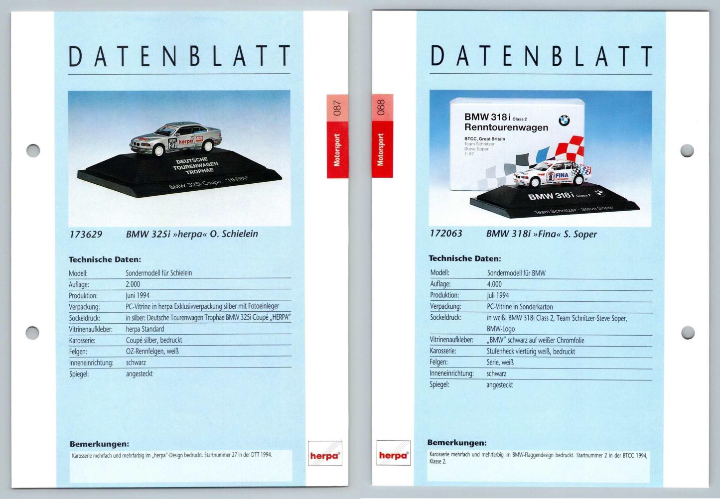 BMW 325i / BMW 318i #87/88 Motorsport - Herpa Data Sheet-Breakoutcards