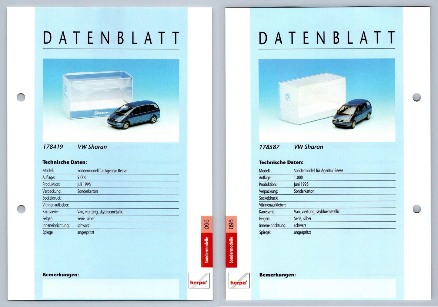 VW Sharan #95/96 Sondermodelle - Herpa Data Sheet-Breakoutcards