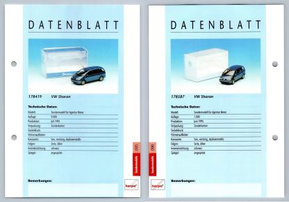 VW Sharan #95/96 Sondermodelle - Herpa Data Sheet-Breakoutcards