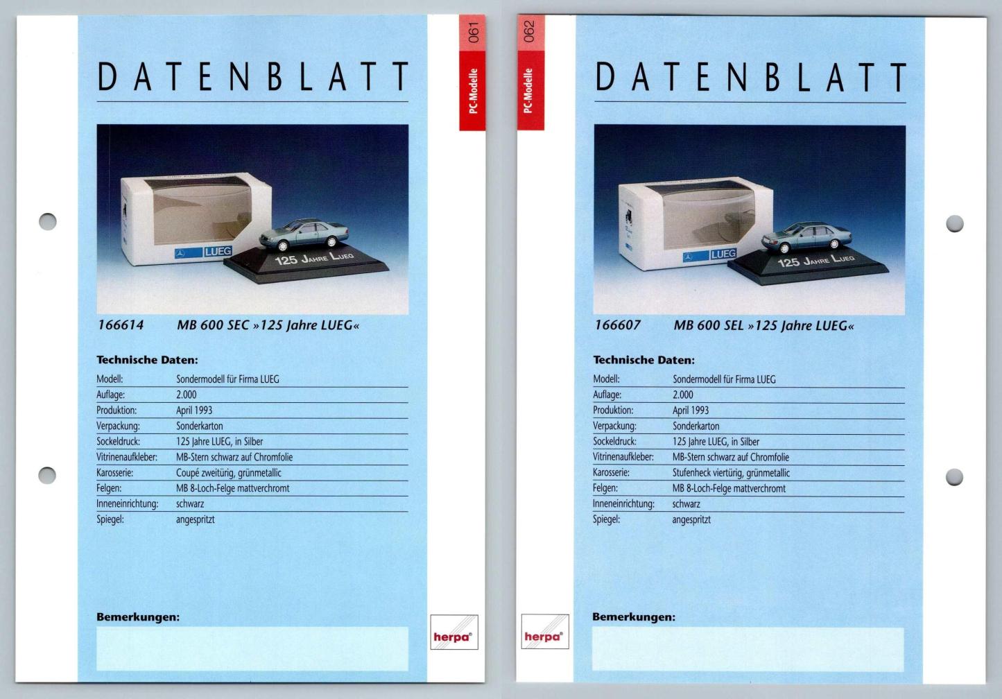 Mercedes Benz 600 SEC / 600 SEL #61/2 PC-Modelle - Herpa Data Sheet-Breakoutcards