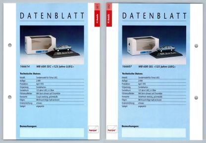 Mercedes Benz 600 SEC / 600 SEL #61/2 PC-Modelle - Herpa Data Sheet-Breakoutcards